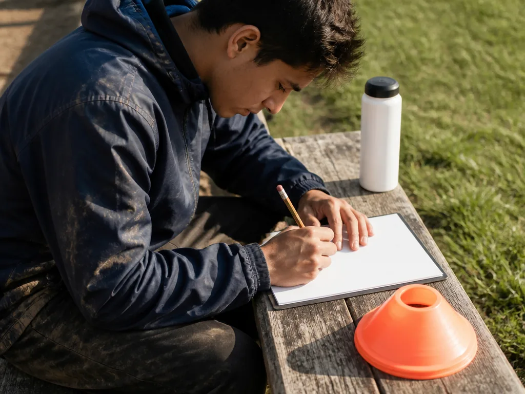 Photorealistic editorial photograph of a young adult sitting on a worn wooden bench, filling a blank paper form with a p