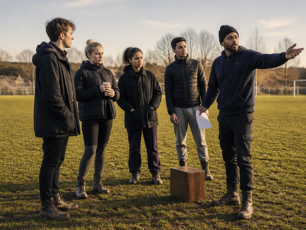 Photorealistic editorial photograph of a diverse group of amateur actors rehearsing a street scene on a local pitch, one