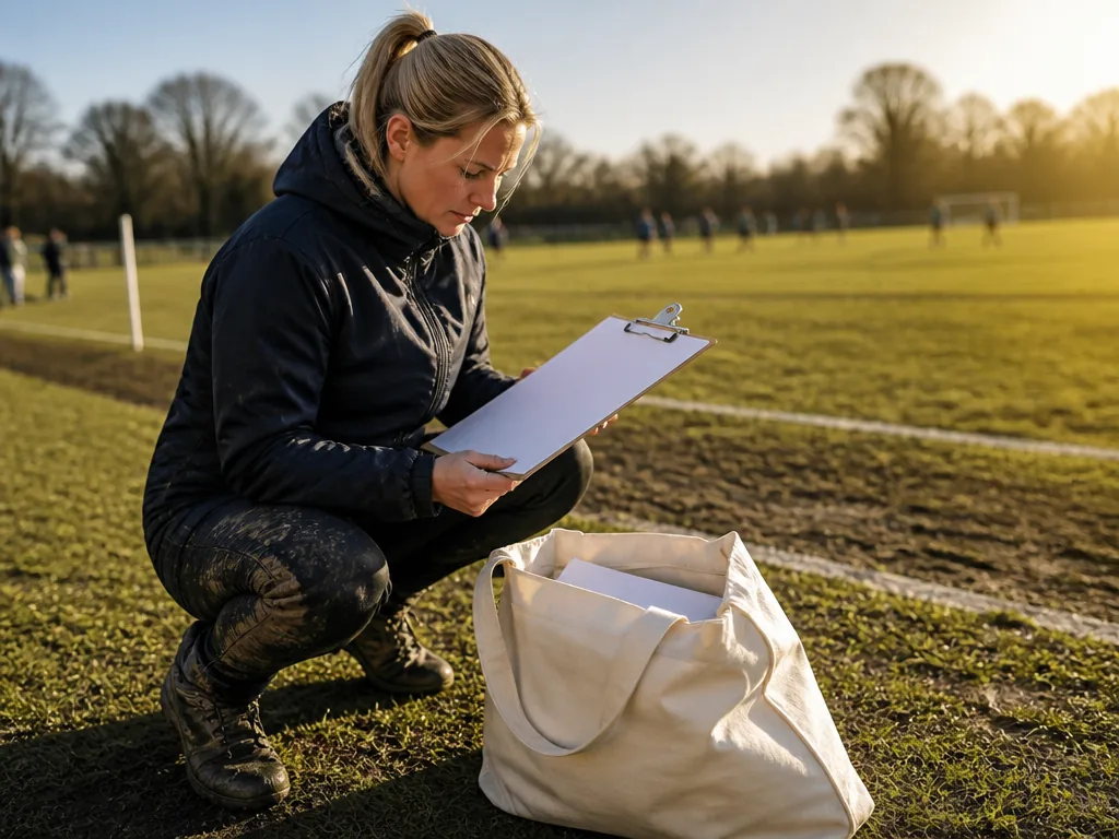 Photorealistic editorial photograph of a club volunteer inspecting a blank clipboard while kneeling beside a canvas bag