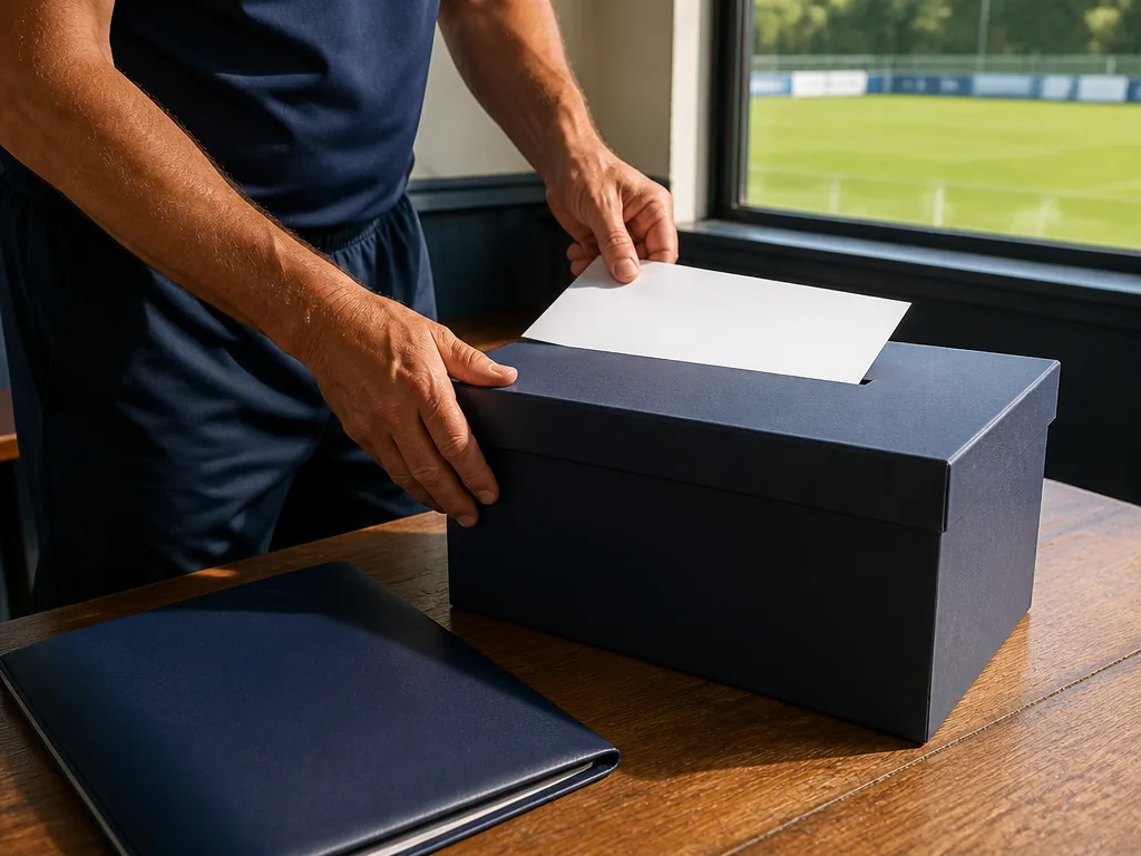 Photorealistic editorial photograph of a coach's hands sliding a blank paper payslip into a sealed archive box on a wood
