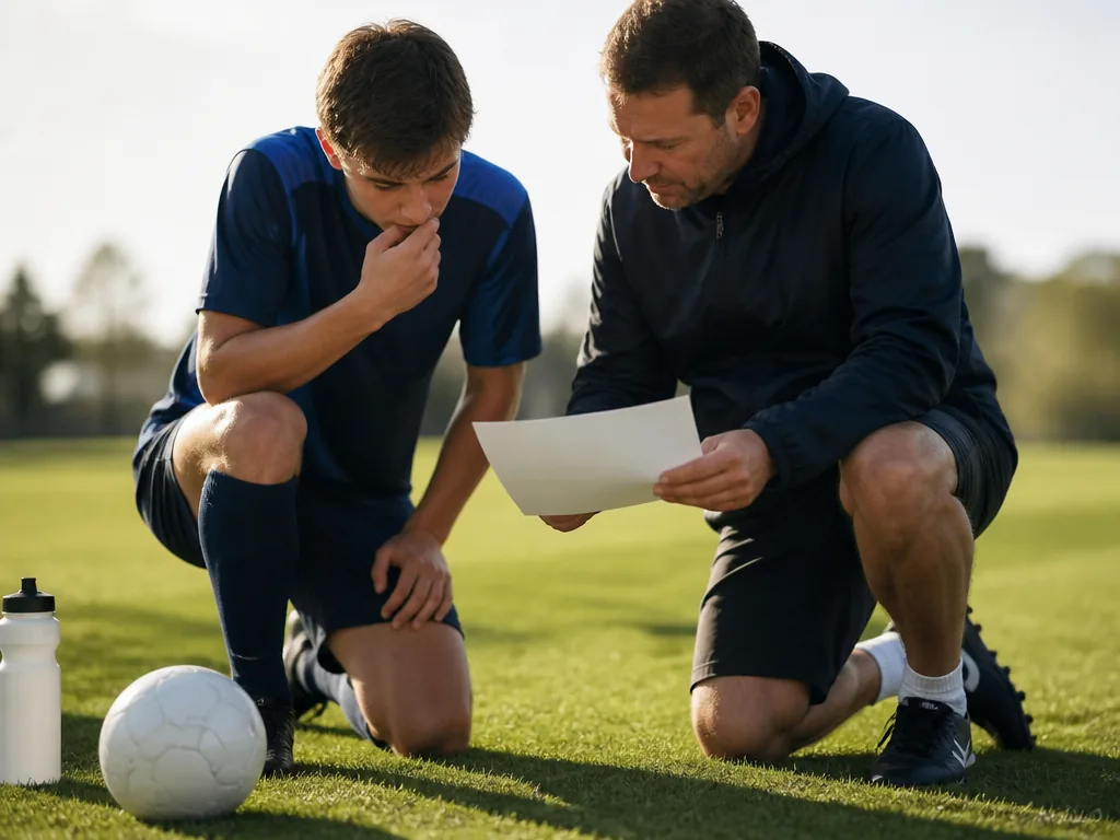 Photorealistic editorial photograph: a football coach kneeling beside a player, both studying a blank paper document on