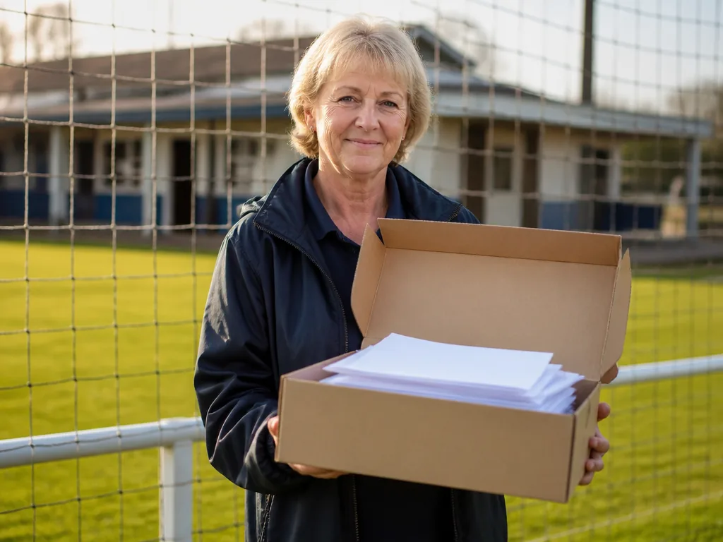 Photorealistic editorial photograph: a volunteer club secretary holding an open blank cardboard box filled with unmarked